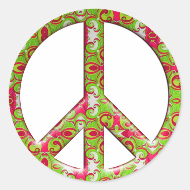 GREEN & PINK RETRO PEACE SIGN CLASSIC ROUND STICKER (Front)