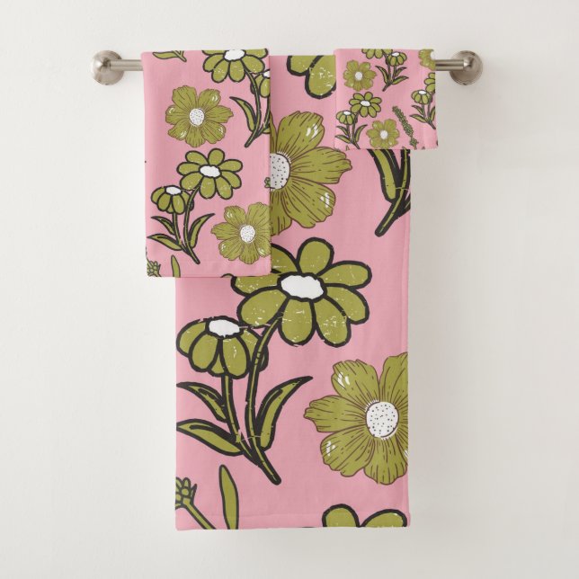 Green Pink Retro Y2K Funky Hippie Flower Pattern Bath Towel Set (Insitu)