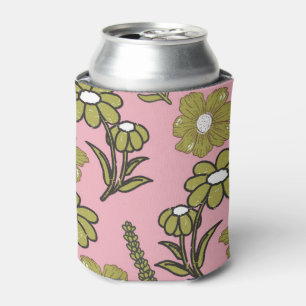 Green Pink Retro Y2K Funky Hippie Flower Pattern Can Cooler
