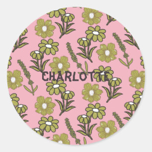 Green Pink Retro Y2K Funky Hippie Flower Pattern Classic Round Sticker