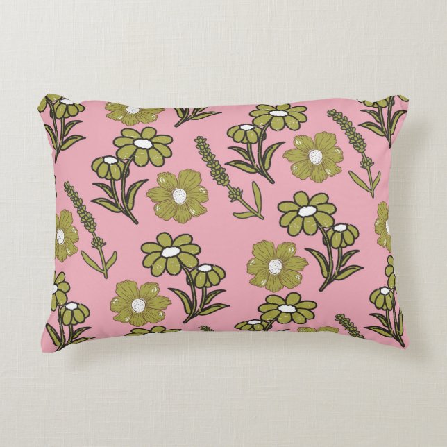 Green Pink Retro Y2K Funky Hippie Flower Pattern Decorative Cushion (Front)