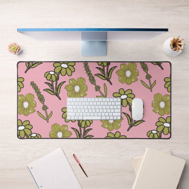Green Pink Retro Y2K Funky Hippie Flower Pattern Desk Mat (Office 1)