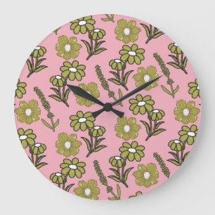 Green Pink Retro Y2K Funky Hippie Flower Pattern Large Clock