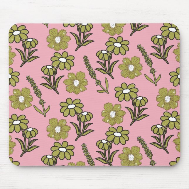 Green Pink Retro Y2K Funky Hippie Flower Pattern Mouse Mat (Front)
