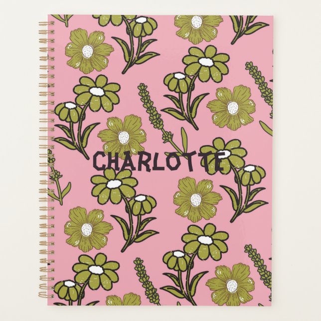Green Pink Retro Y2K Funky Hippie Flower Pattern Planner (Front)