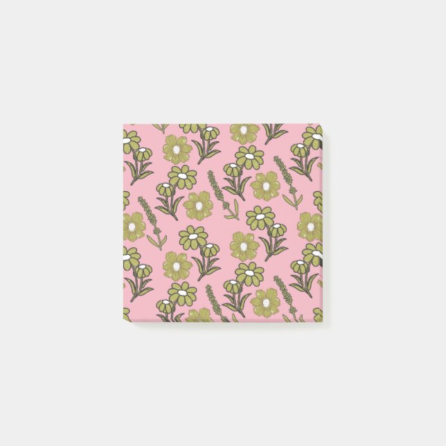 Green Pink Retro Y2K Funky Hippie Flower Pattern Post-it Notes (Front)