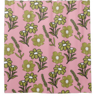 Green Pink Retro Y2K Funky Hippie Flower Pattern Shower Curtain