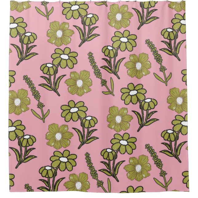 Green Pink Retro Y2K Funky Hippie Flower Pattern Shower Curtain (Front)