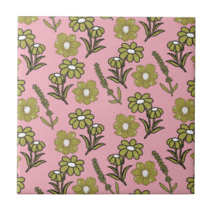 Green Pink Retro Y2K Funky Hippie Flower Pattern Tile