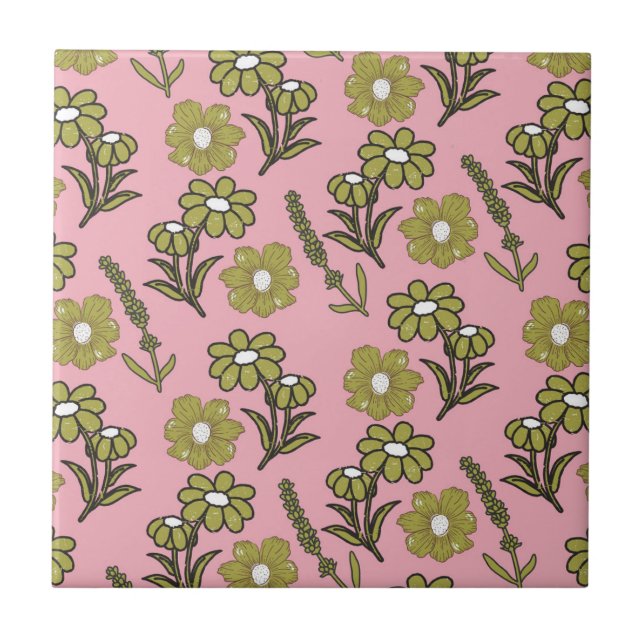 Green Pink Retro Y2K Funky Hippie Flower Pattern Tile (Front)