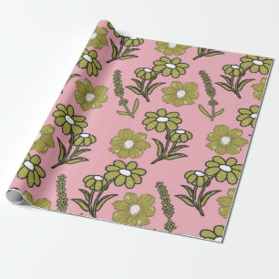 Green Pink Retro Y2K Funky Hippie Flower Pattern Wrapping Paper