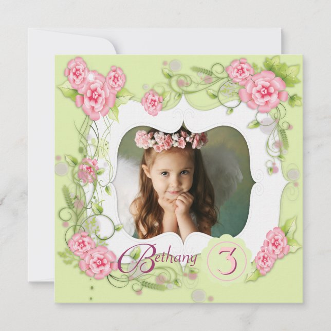 Green Pink Rose Girls 3rd Birthday Party Invitation (Front)