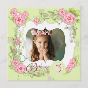 Green Pink Rose Girls 3rd Birthday Party Invitation