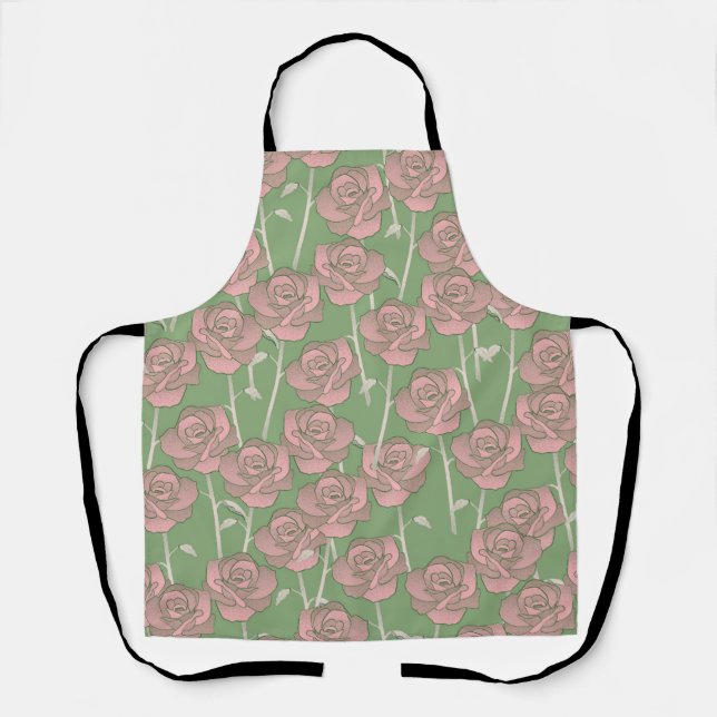 Green Pink Rose Retro Y2K 70s Flower Pattern Apron (Front)