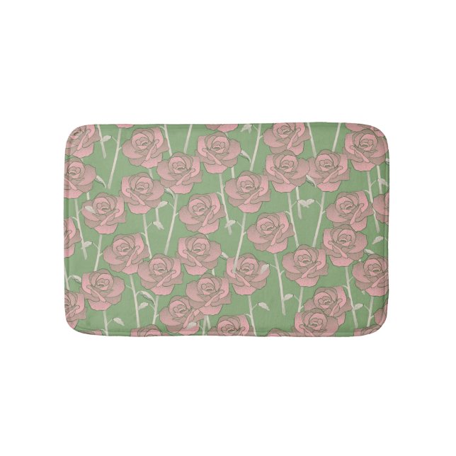 Green Pink Rose Retro Y2K 70s Flower Pattern Bath Mat (Front)