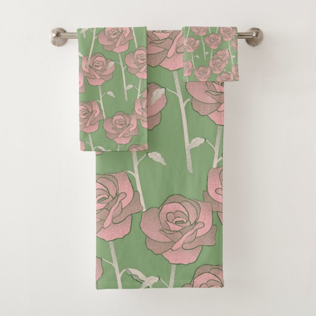 Green Pink Rose Retro Y2K 70s Flower Pattern Bath Towel Set (Insitu)