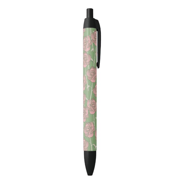 Green Pink Rose Retro Y2K 70s Flower Pattern Black Ink Pen (Bottom (Vertical))