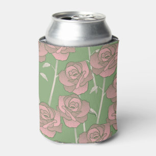 Green Pink Rose Retro Y2K 70s Flower Pattern Can Cooler