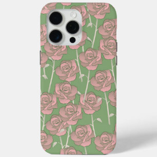 Green Pink Rose Retro Y2K 70s Flower Pattern iPhone 15 Pro Max Case