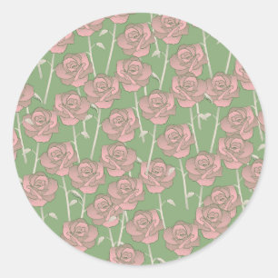 Green Pink Rose Retro Y2K 70s Flower Pattern Classic Round Sticker