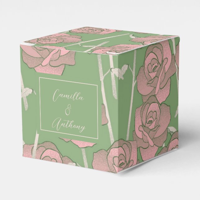 Green Pink Rose Retro Y2K 70s Flower Pattern Favour Box (Front Side)