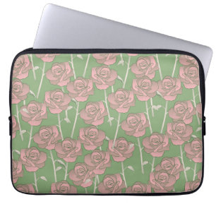 Green Pink Rose Retro Y2K 70s Flower Pattern Laptop Sleeve