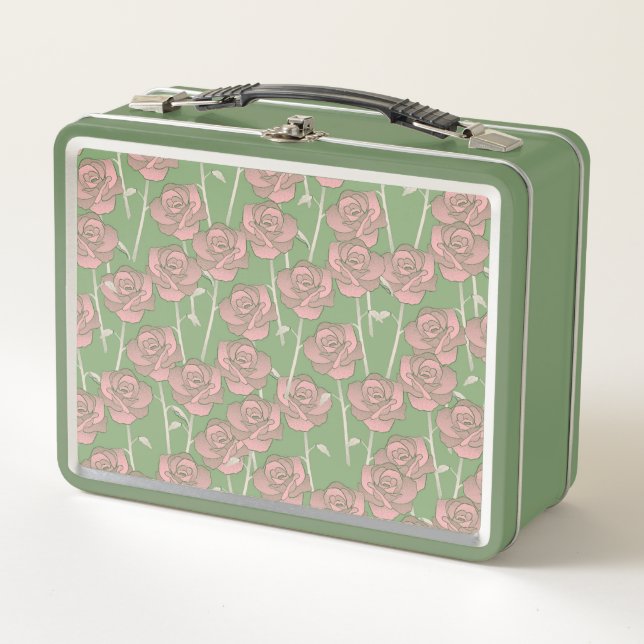 Green Pink Rose Retro Y2K 70s Flower Pattern Metal Lunch Box (Front)