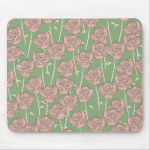 Green Pink Rose Retro Y2K 70s Flower Pattern Mouse Mat
