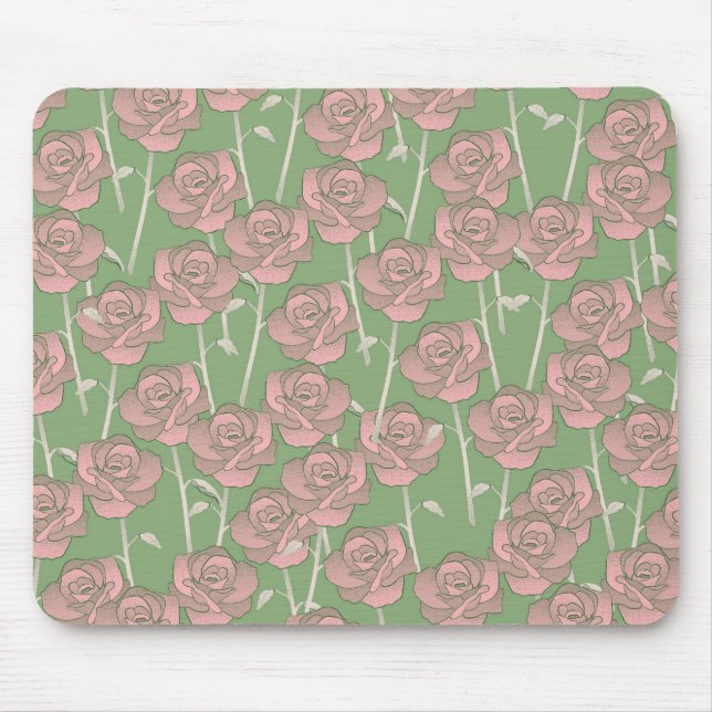 Green Pink Rose Retro Y2K 70s Flower Pattern Mouse Mat (Front)