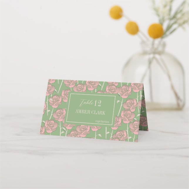 Green Pink Rose Retro Y2K 70s Flower Pattern Place Card (Front)