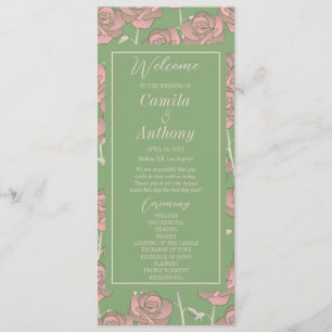Green Pink Rose Retro Y2K 70s Flower Pattern Programme