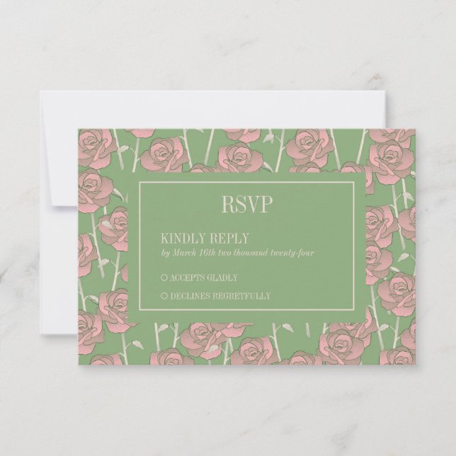 Green Pink Rose Retro Y2K 70s Flower Pattern RSVP Card (Front)
