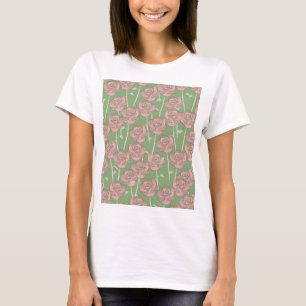 Green Pink Rose Retro Y2K 70s Flower Pattern T-Shirt