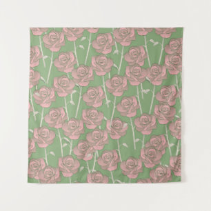 Green Pink Rose Retro Y2K 70s Flower Pattern Tapestry