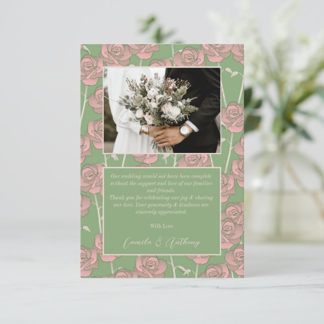 Green Pink Rose Retro Y2K 70s Flower Pattern Thank You Card (Standing Front)