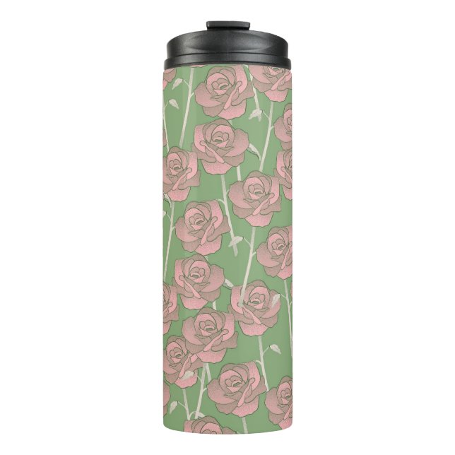 Green Pink Rose Retro Y2K 70s Flower Pattern Thermal Tumbler (Front)