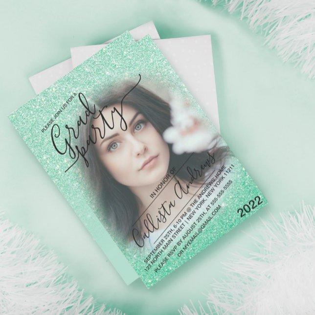 Green Pink Sparkly Glitter Ombre Photo Graduation Invitation (Creator Uploaded)