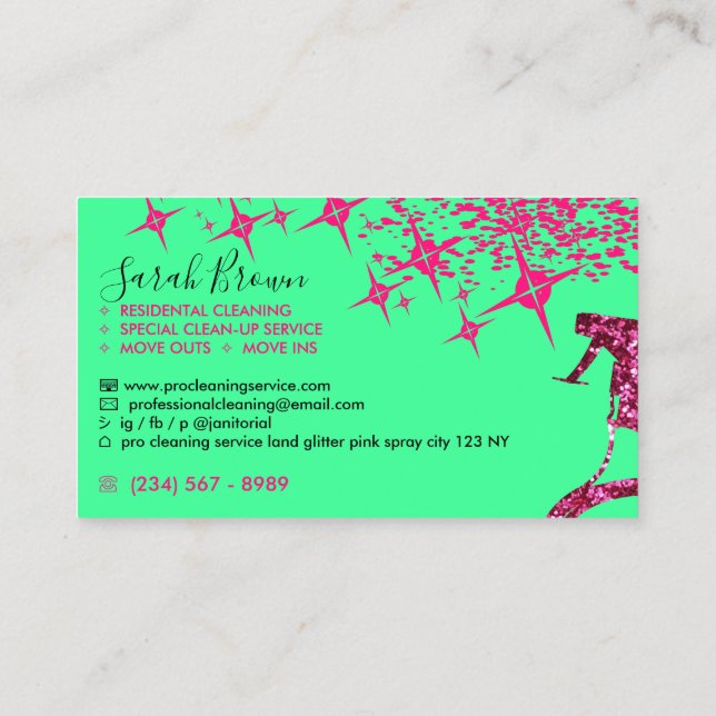 Green Pink Spray Maid Cleaning House Sparkling Business Card (Back)