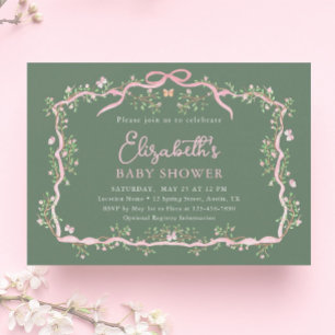 Green Pink Spring Floral Frame Baby Shower Invitation