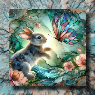Green Pink Stained Glass Bunny Butterfly Easter Holiday Card