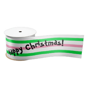 Green Pink Stripe Happy Christmas Satin Ribbon
