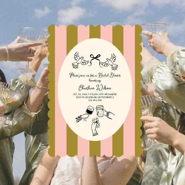 Green Pink Striped Cute illustrated Bridal Shower Invitation (Creator Uploaded)