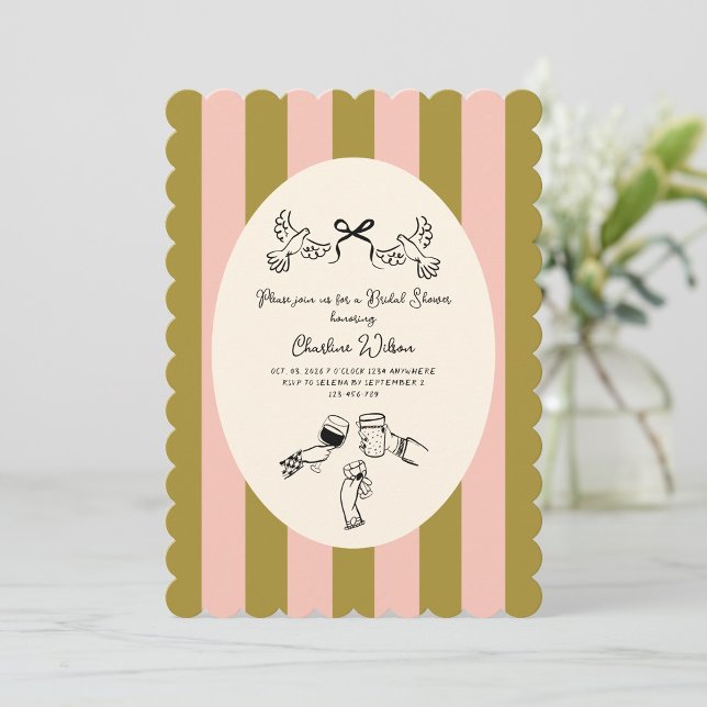 Green Pink Striped Cute illustrated Bridal Shower Invitation (Creator Uploaded)