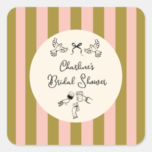 Green Pink Striped Cute illustrated Bridal Shower Square Sticker