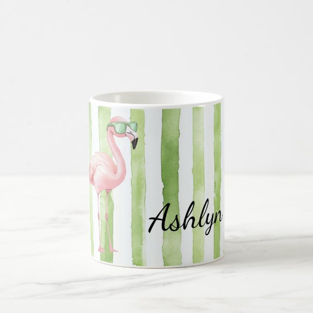 Green Pink Stripes Flamingo Birthday Coffee Mug (Center)