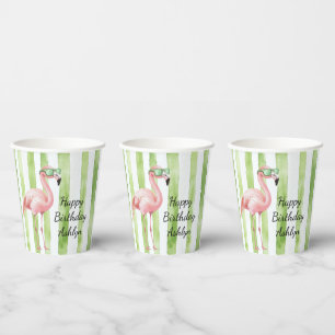 Green Pink Stripes Flamingo Birthday Paper Cups