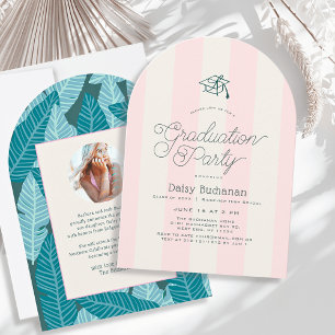 Green & Pink Stripes Palms Graduation Party Photo Invitation