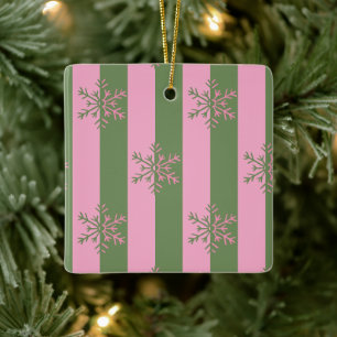 Green & Pink Stripes Snowflake Christmas Ornament
