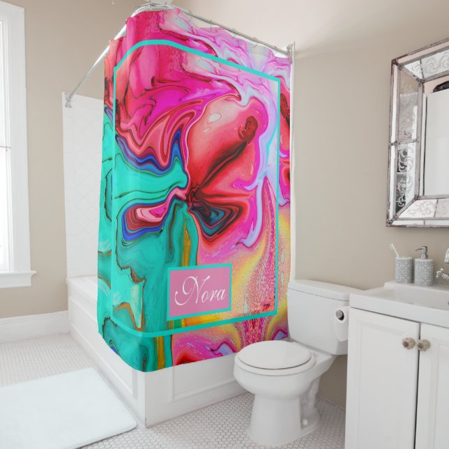 Green Pink Stylish Watercolor Marble Personalise  Shower Curtain (In Situ)