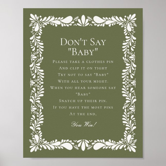 Green Pink Talavera Tile Dont Say Baby Shower Game Poster (Front)